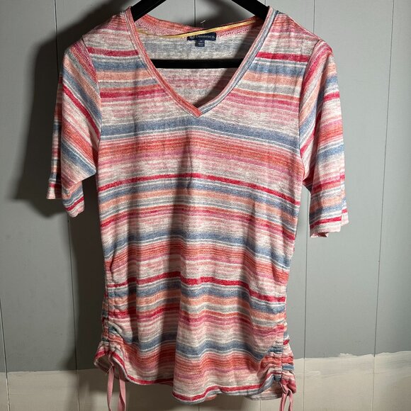 Democracy Top Womens Medium Pink Multicolor Striped Short Sleeve With Side Ties - Picture 1 of 8